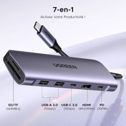 UGREEN Revodok 1071 Hub USB C HDMI 4K Lecteur de Carte SD TF PD 100W