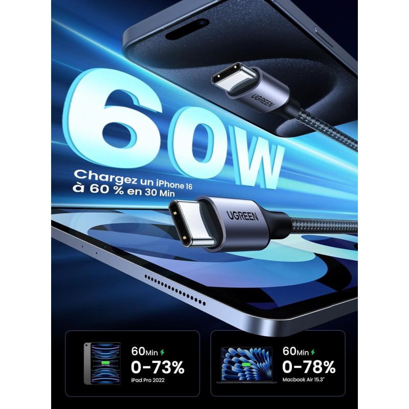 UGREEN Câble USB C USB C PD Charge Rapide 60W