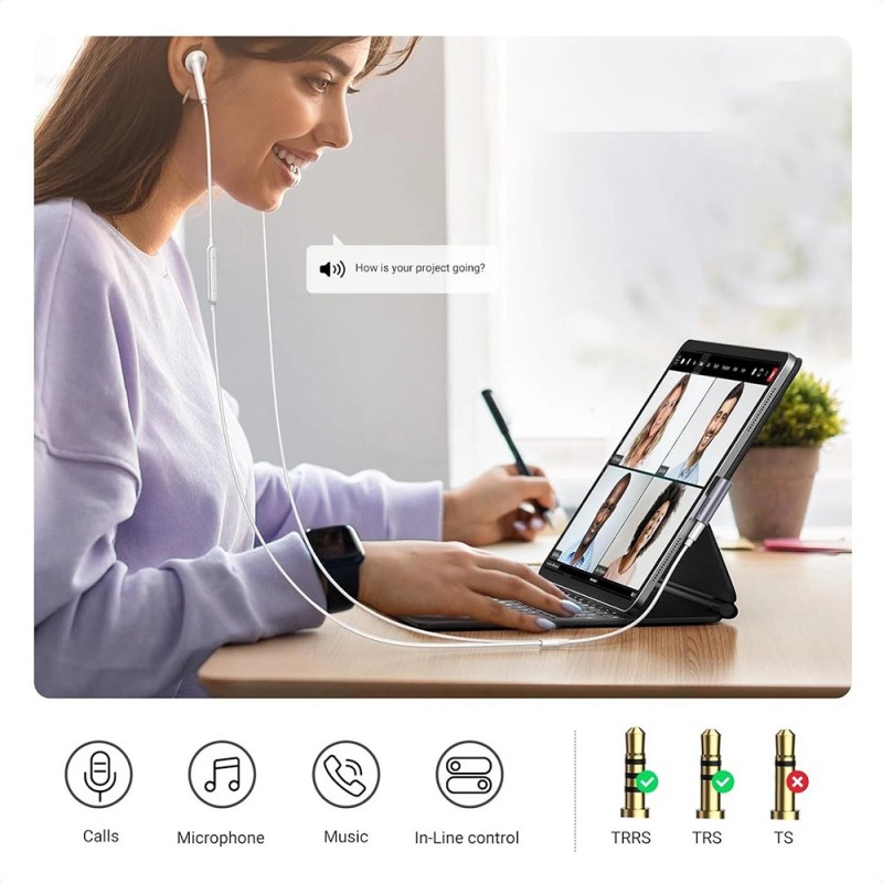 USB-C to 3.5mm Audio Adapter UGREEN CM460 (20194) Angled, Grey