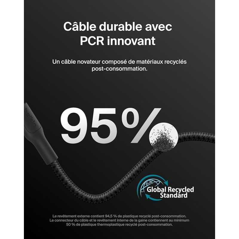 BELKIN Câble Tressé PCR USB-C vers USB-C 240W 2.0 1m (Noir)