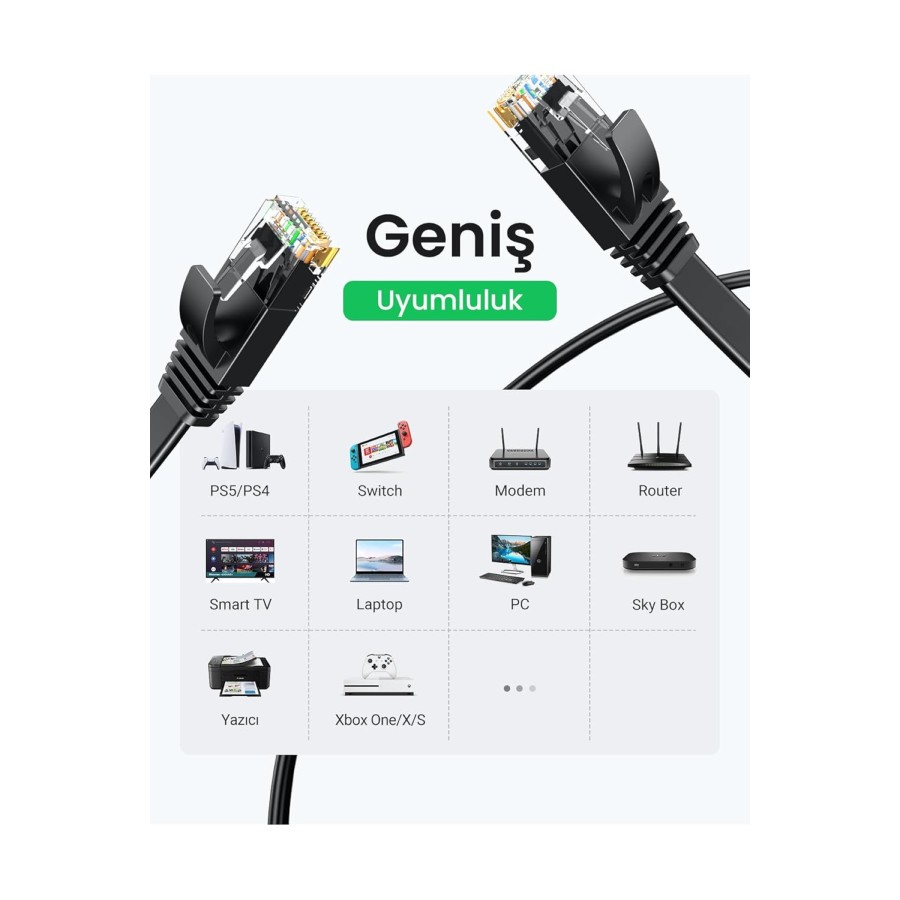 Network Cable UGREEN NW102 Flat, UTP, Cat6, 1m, Black