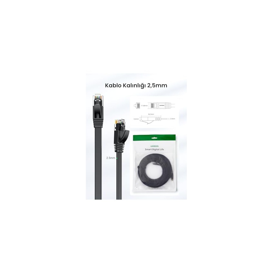 Network Cable UGREEN NW102 Flat, UTP, Cat6, 1m, Black