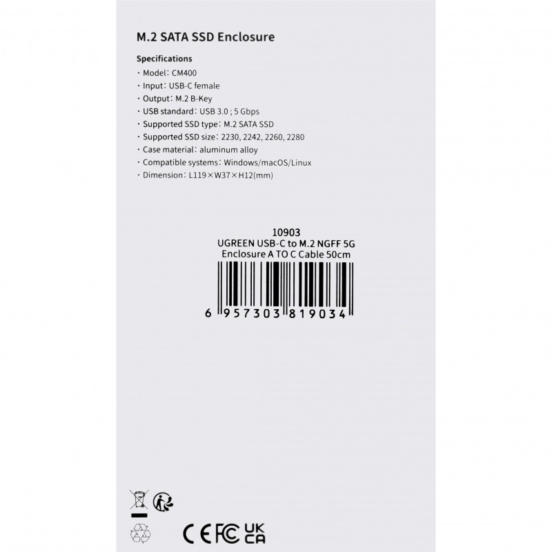 Ugreen - Boîtier de disque dur  CM400 M.2 B-Key. NGFF. SATA (gris)