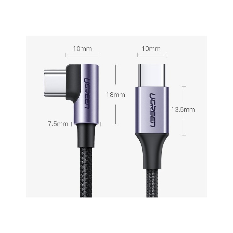 USB-C to USB-C Cable Ugreen US255 Angled, 60W, 3A, 1m, Grey