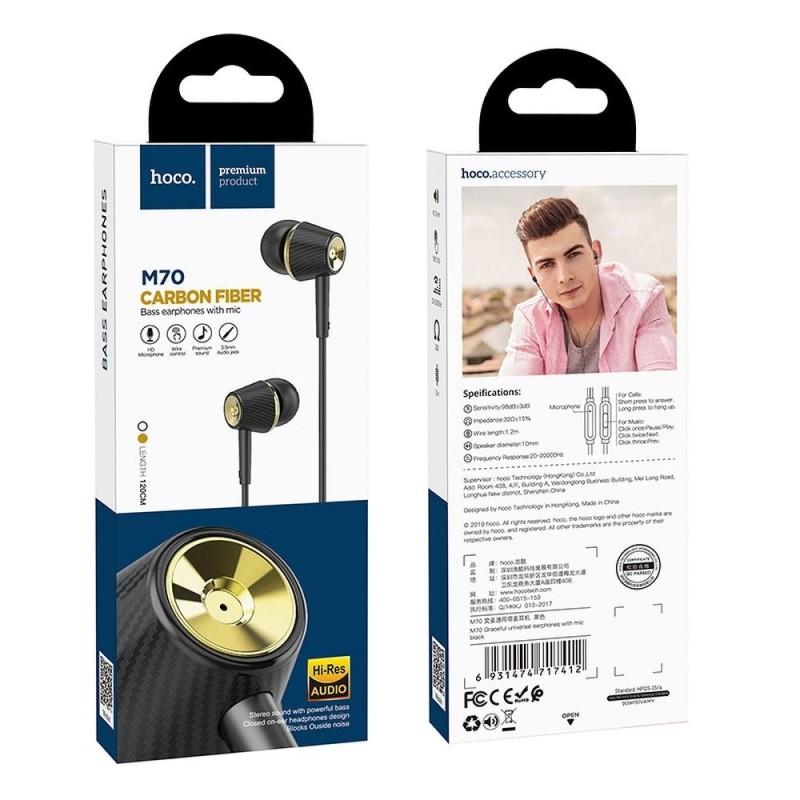 HOCO écouteurs filaires Jack 3,5 mm avec microphone M70 noir