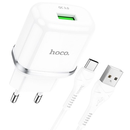 Chargeur de voyage HOCO USB A + câble USB A vers Type C QC3.0 3A 18W N3 blanc