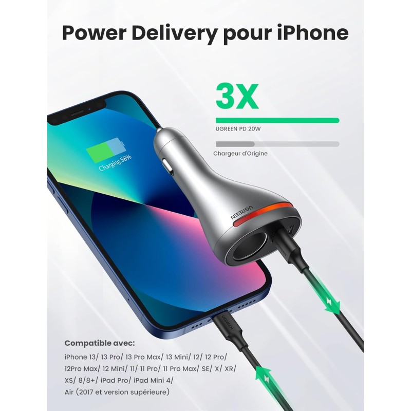 Chargeur de voiture Ugreen USB Type C / USB QC PD 24W avec prise allume-cigare 1