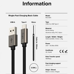 Ringke - Câble de données - USB vers Type-C, 60W, 0,5m - Noir