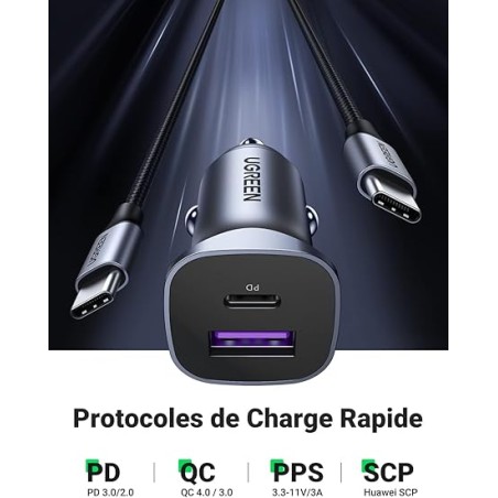 Ugreen - USB-A/USB-C 30W PPS Chargeur de voiture rapide gris (CD130)