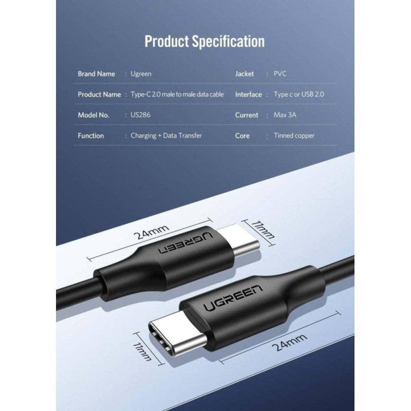 Ugreen - US286 USB-C - USB-C QC 3A 480Mb/s 1m câble - noir
