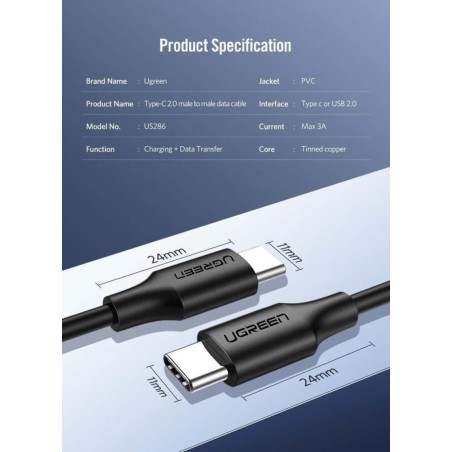 Ugreen - US286 USB-C - USB-C QC 3A 480Mb/s 1m câble - noir