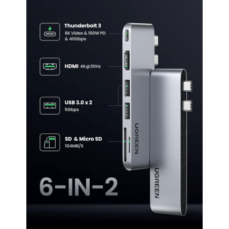 Ugreen - HUB CM380 2xUSB C - HDMI/2xUSB 3.0/SD TF/USB C - gris