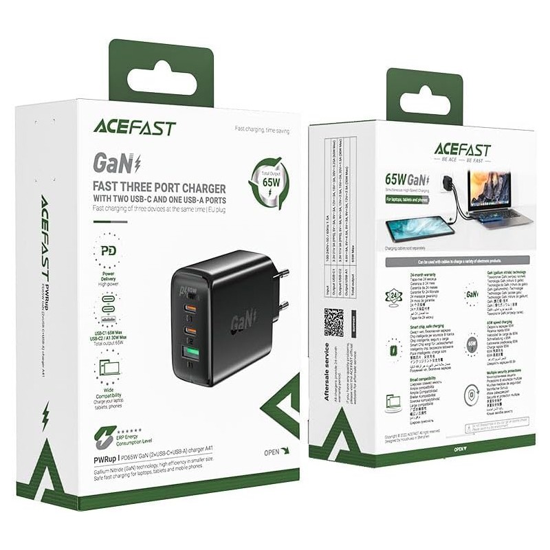 Acefast - Chargeur rapide  GaN (2xUSB-C / USB-A) PPS / / QC4+ 65W noir (A41)