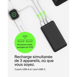 Belkin - Batterie externe 3 ports 10K avec câble USB-A vers USB-C noir