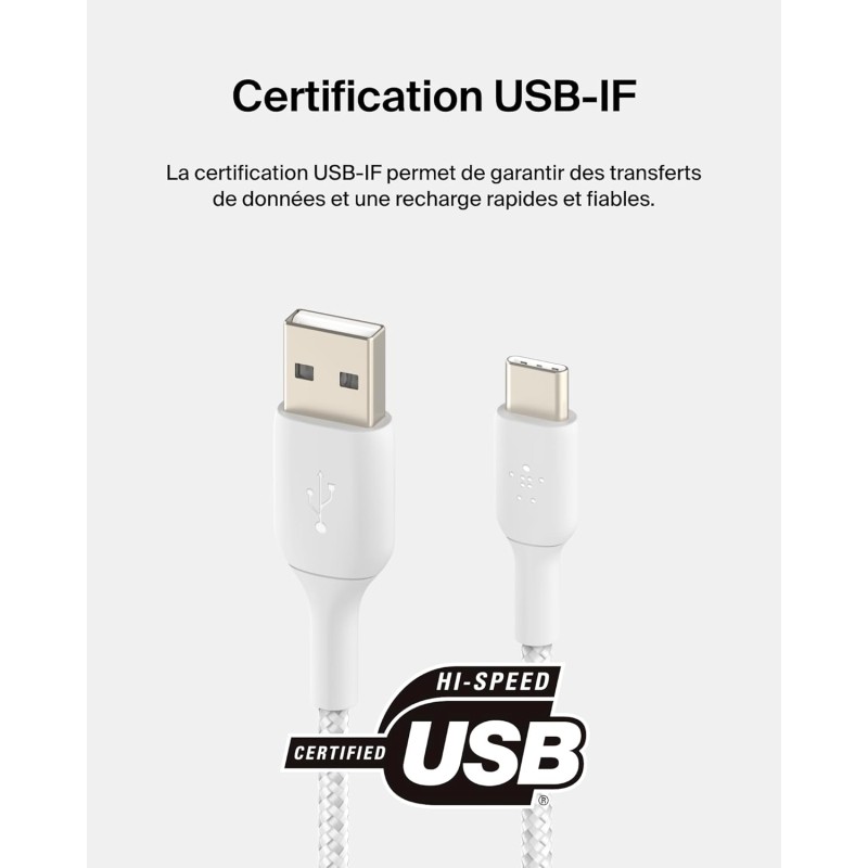 Belkin - Câble tressé USBA USBC 0.15m blan