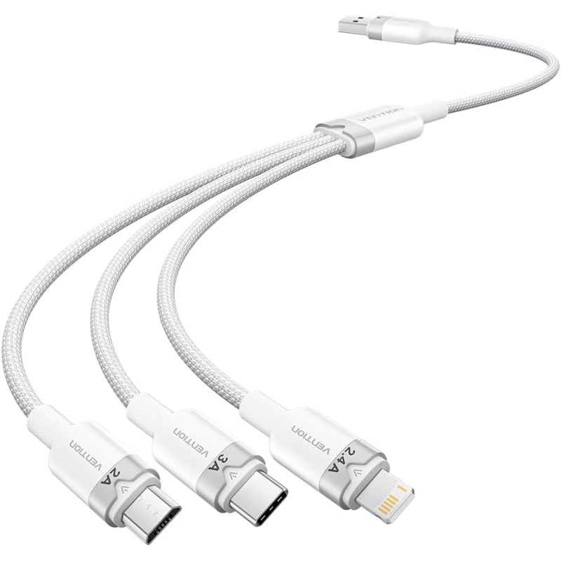 Câble USB 2.0 A mâle vers USB-C 3-en-1, Lightning et Micro-B mâle 3A, 1,5 m, bla