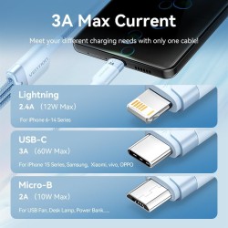 Câble USB 2.0 A mâle vers USB-C 3-en-1, Lightning et Micro-B mâle 3A, 1,5 m, bla