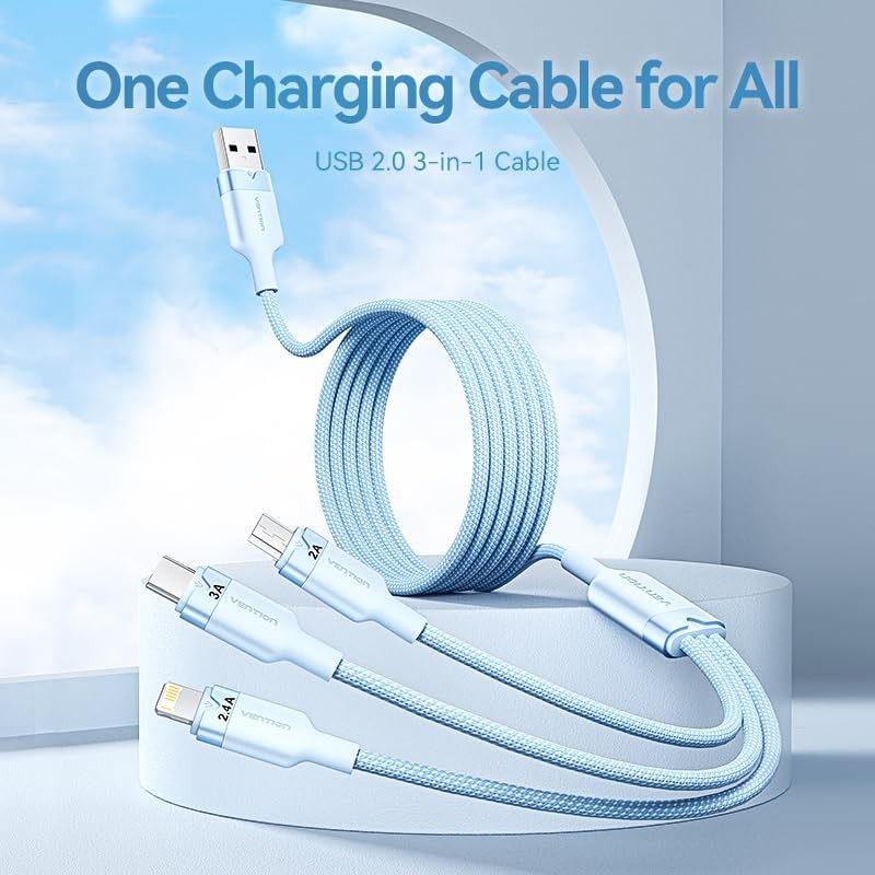 Câble USB 2.0 A mâle vers USB-C 3-en-1, Lightning et Micro-B mâle 3A, 1,5 m, bla