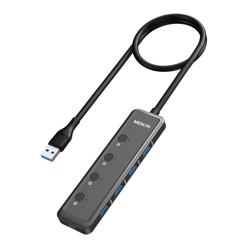 MOKIN - HUB 5 en 1 USB-A 3.0 vers 4 USB-A + C DC, noir MOKIN - HUB 5 en 1 USB-A 3.0 vers 4 USB-A + C DC, noir