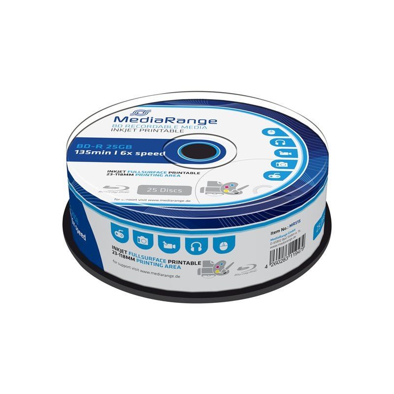 Mediarange - BD-R 25 Go, vitesse 6x, imprimable Jet d'encre